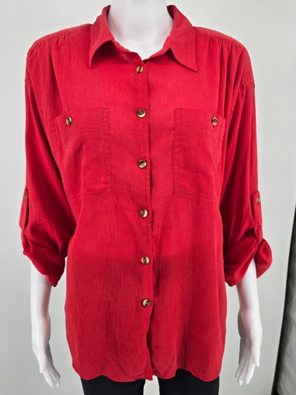 Vintage 1980s Joan Harper Red Collared Button Front Shoulder Padded Blouse (XL)